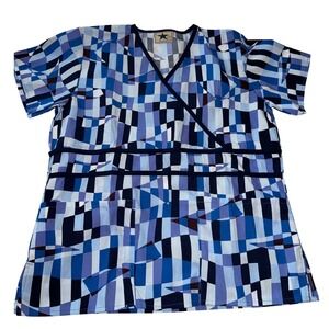 Black Star Womens Blue Geometric Mosaic Mock Wrap Scrub Top 708 Navy S‎ NEW